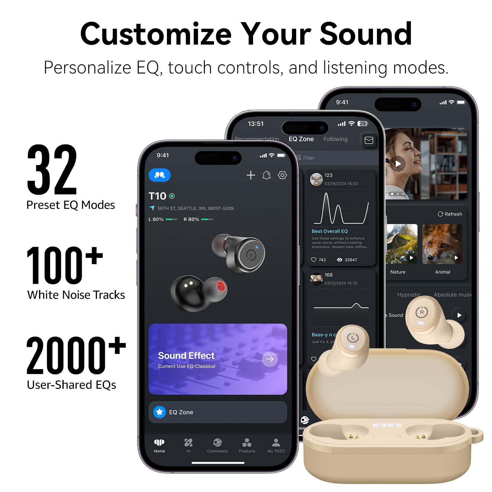 TOZO T10 Wireless Earbuds Bluetooth 5.3 Headphones, App Customize